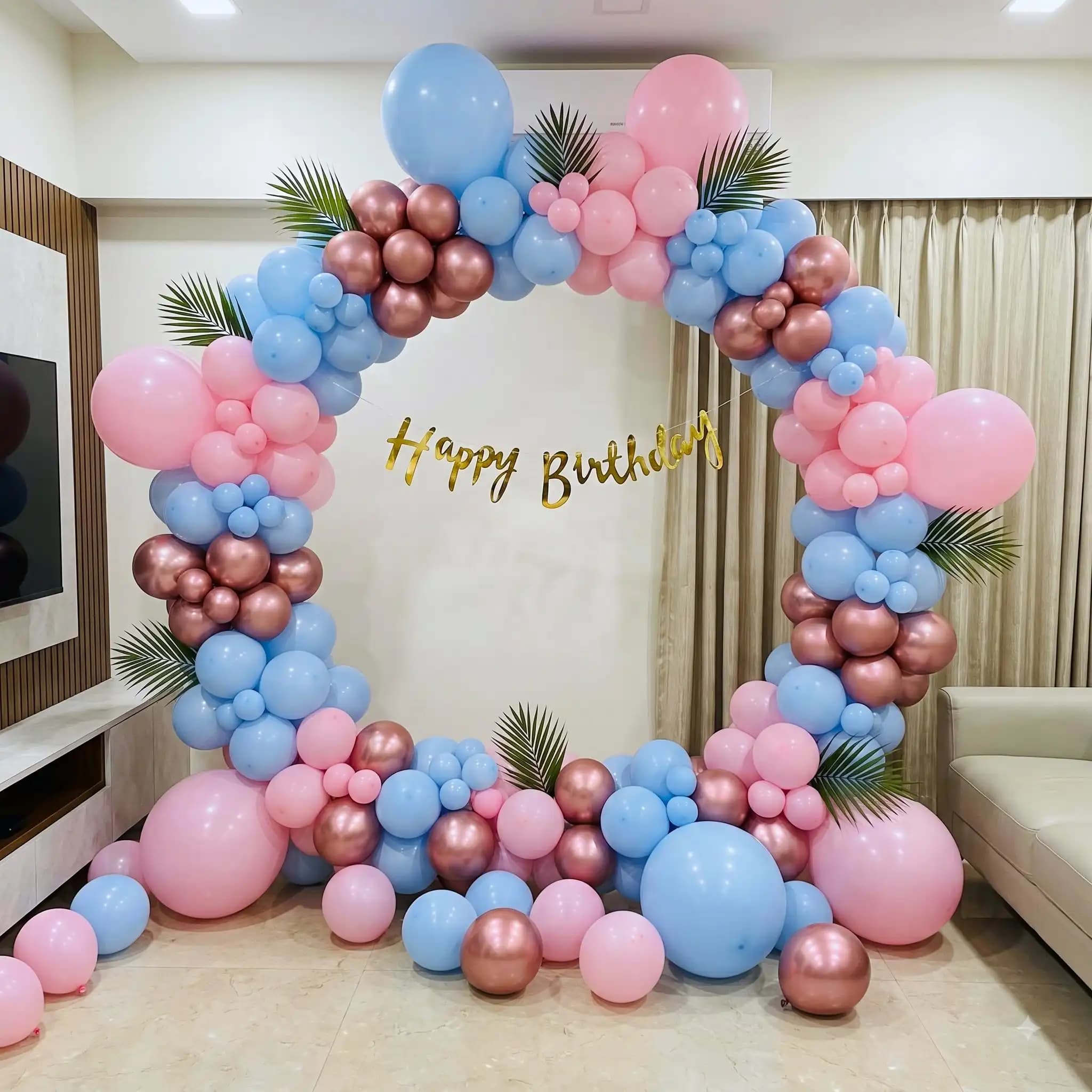 Birthday balloon decoration setup — Pastel Balloon Ring Birthday Arch