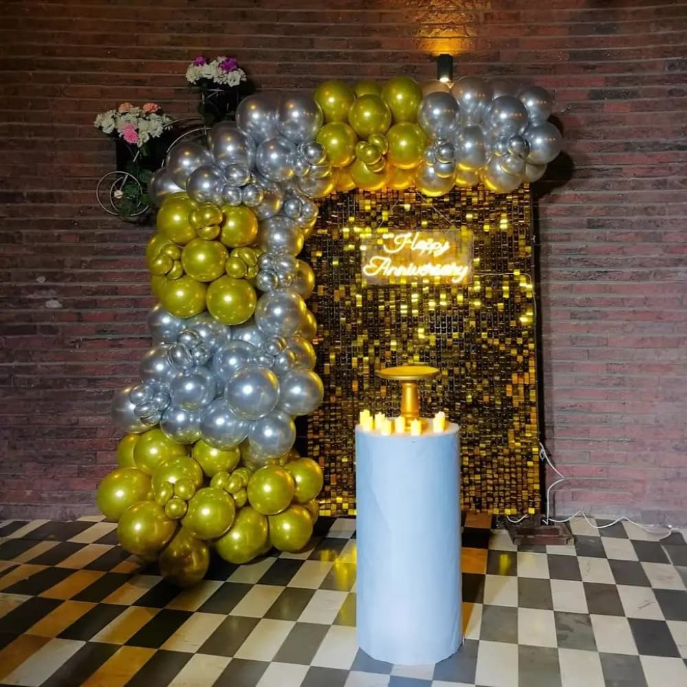 Golden Dreams Balloon Arch Anniversary Setup