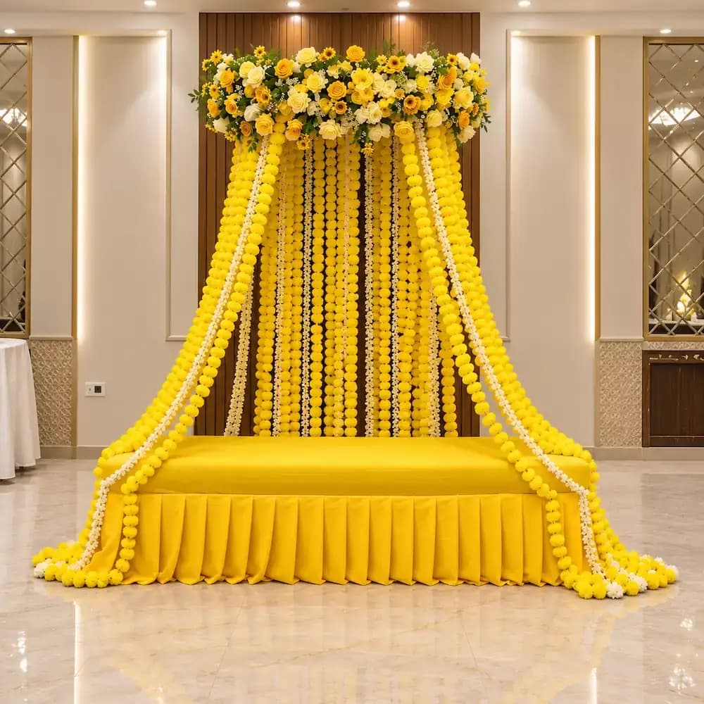 Yellow floral mandap in banquet hall — Sunshine Haldi Flower Decoration
