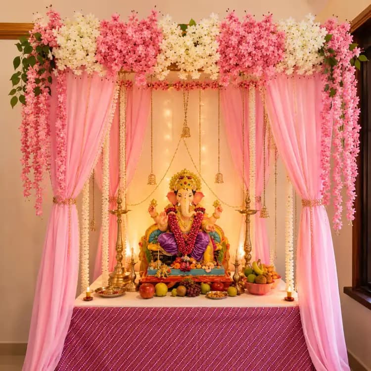 Ganpati Decoration with Floral Backdrop