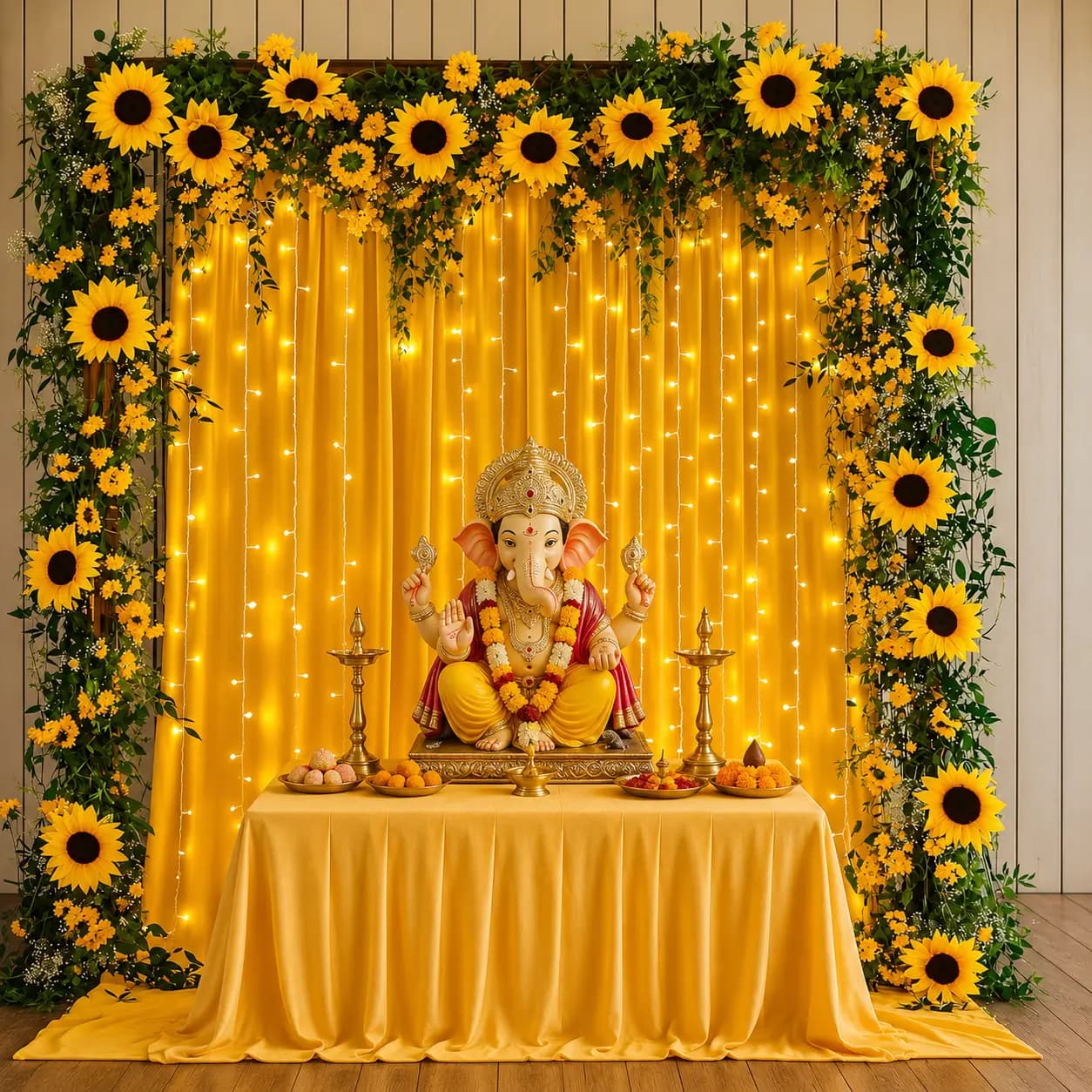 Ganpati Decoration with Sunflower Arch