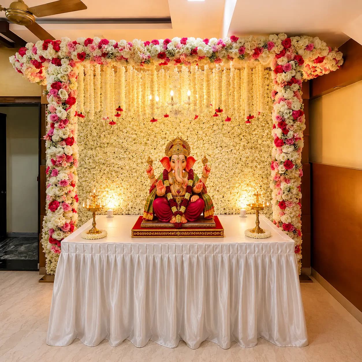 Rose Garland Ganpati Setup