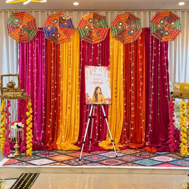 Coloful Cloth Backdrop Mehndi Setup