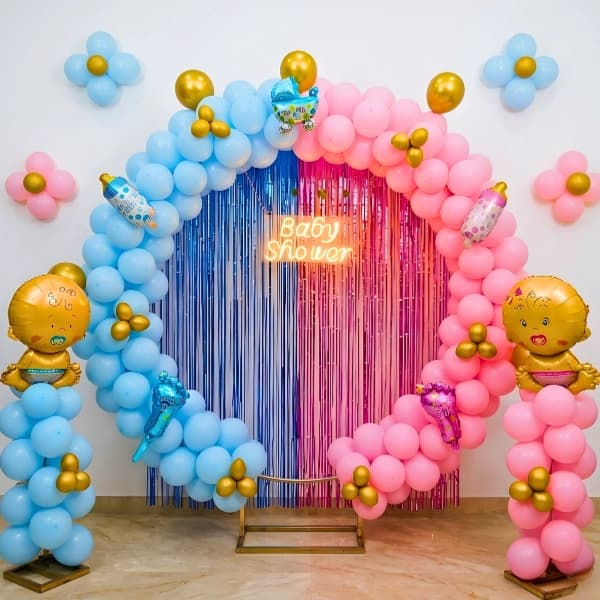 Pink & Blue Baby Shower Balloon Arch with LED Sign